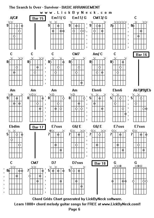 Chord Grids Chart of chord melody fingerstyle guitar song-The Search Is Over - Survivor - BASIC ARRANGEMENT,generated by LickByNeck software.